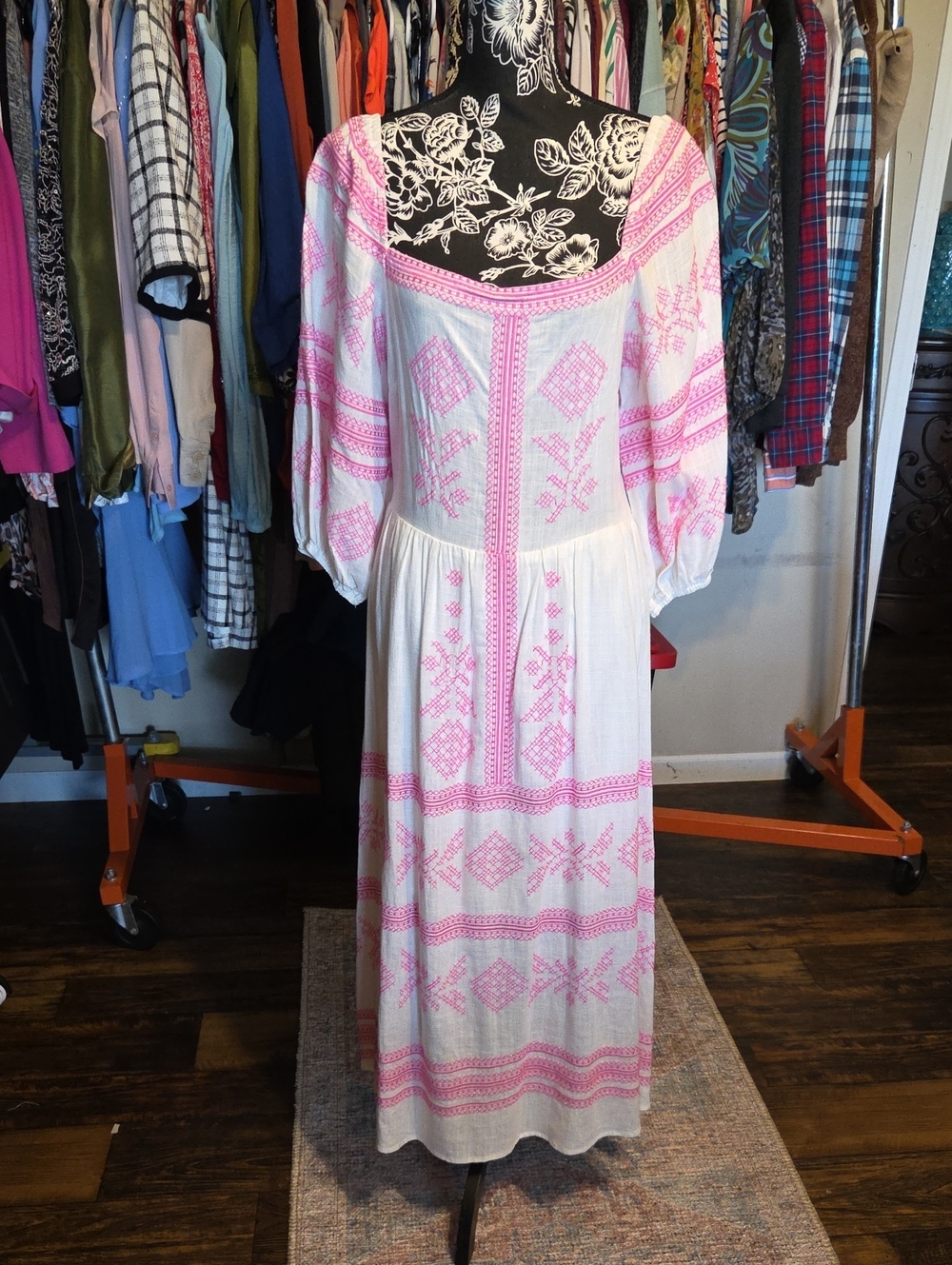 Bohemian White Maxi Dress with Pink Embroidery